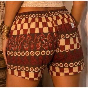 Lucy & Yak Boho Patchwork Shorts Red Cream Floral Check Festival Women L Beach